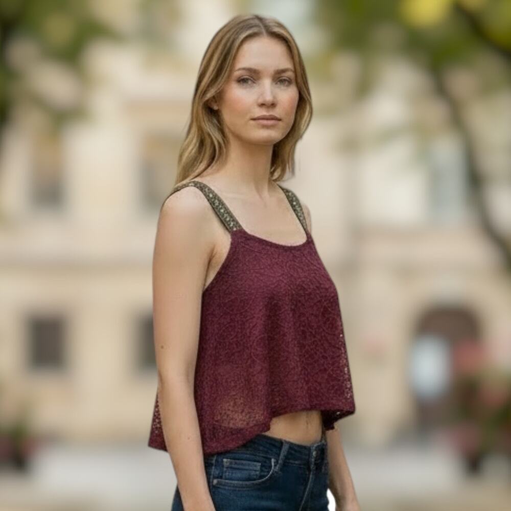 Rue21 Burgundy Sheer Lace Handkerchief Hem Tank Top Womens Small Boho Y2K